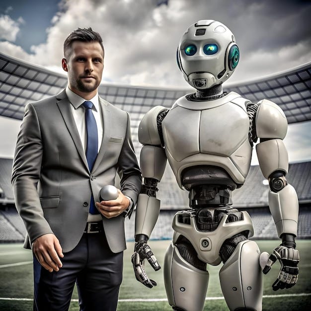 A futuristic sports coach stands side by side with a human coach ready to revolutionize the game | Premium AI-generated image A futuristic sports coach stands side by side with a human coach ready to revolutionize the game | Premium AI-generated image