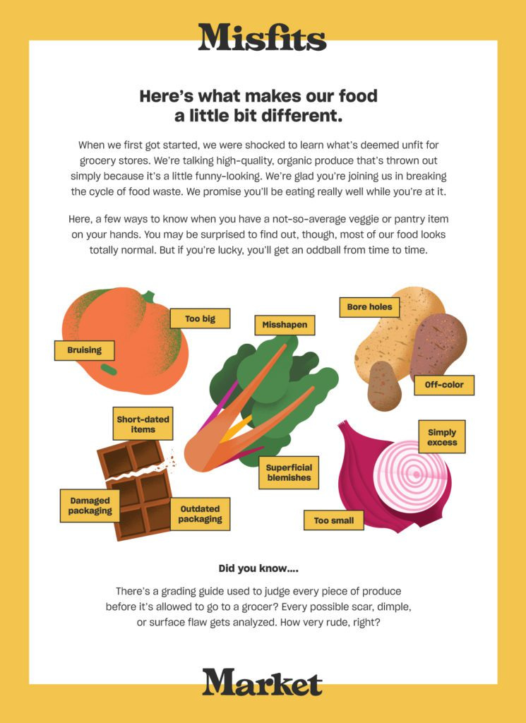 An infographic from Misfits Market titled “Here’s what makes our food a little bit different.” It explains that Misfits sells high-quality produce rejected by grocery stores for cosmetic reasons. Illustrated examples show fruits, vegetables, and packaged goods labeled with traits like “Too big,” “Bruising,” “Short-dated items,” “Superficial blemishes,” “Off-color,” “Outdated packaging,” “Too small,” and “Simply excess.” The bottom text notes that every piece of produce is graded before grocery approval and encourages reducing food waste.