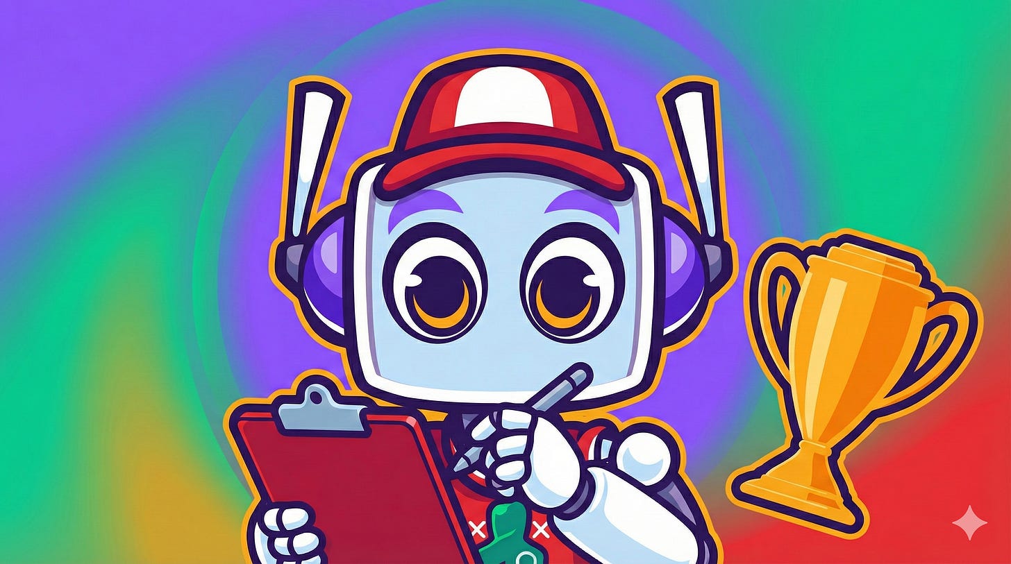 A cartoon robot character with a red cap, purple headphones, and no mouth holds a red clipboard and uses a stylus to circle data points on the board. A gold trophy is next to it. The background is a gradient of purple, green, and red.