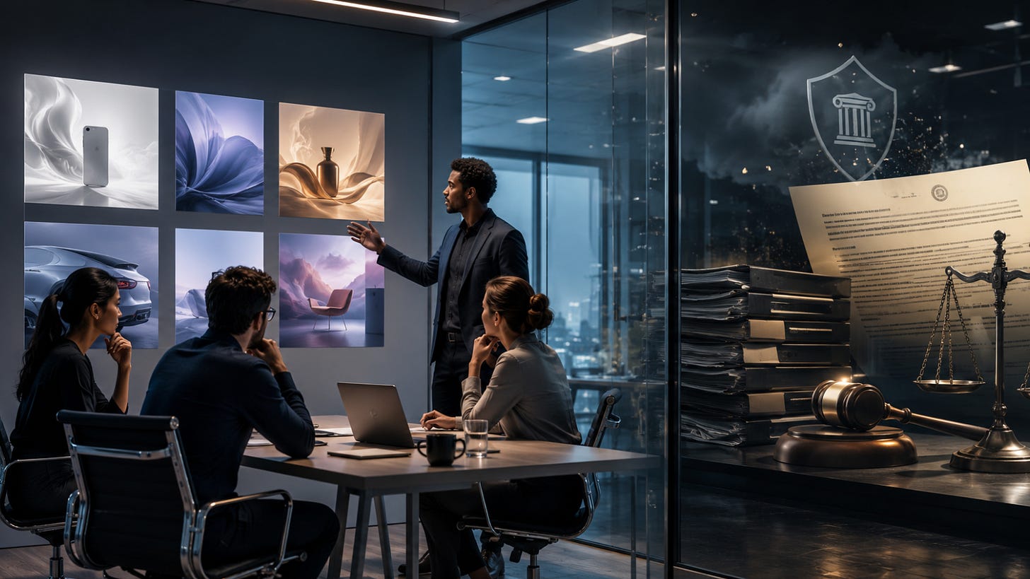 A modern executive team meets in a glass-walled conference room while reviewing creative advertising concepts displayed on large wall panels. Beyond a transparent partition, a darker legal workspace contains stacks of documents, a judge's gavel, and balanced scales, symbolizing compliance and legal accountability. Cool blue and charcoal tones create a serious, cinematic mood, visually contrasting creative marketing decisions with the legal responsibilities that now accompany AI-assisted advertising. A modern executive team meets in a glass-walled conference room while reviewing creative advertising concepts displayed on large wall panels. Beyond a transparent partition, a darker legal workspace contains stacks of documents, a judge's gavel, and balanced scales, symbolizing compliance and legal accountability. Cool blue and charcoal tones create a serious, cinematic mood, visually contrasting creative marketing decisions with the legal responsibilities that now accompany AI-assisted advertising.