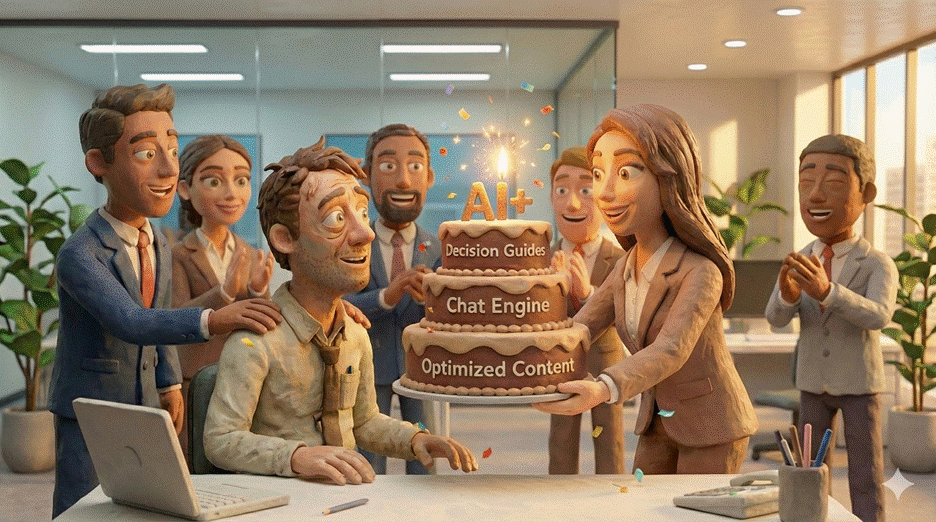 Claymation-style office scene showing a team gathered around a relieved male office worker. A female executive presents a three-layer cake labeled from bottom to top: ‘Optimized Content,’ ‘Chat Engine,’ and ‘Decision Guides,’ with a sparkling ‘AI+’ candle on top. Team members smile supportively with hands on his shoulders. Warm lighting and confetti create a celebratory atmosphere.