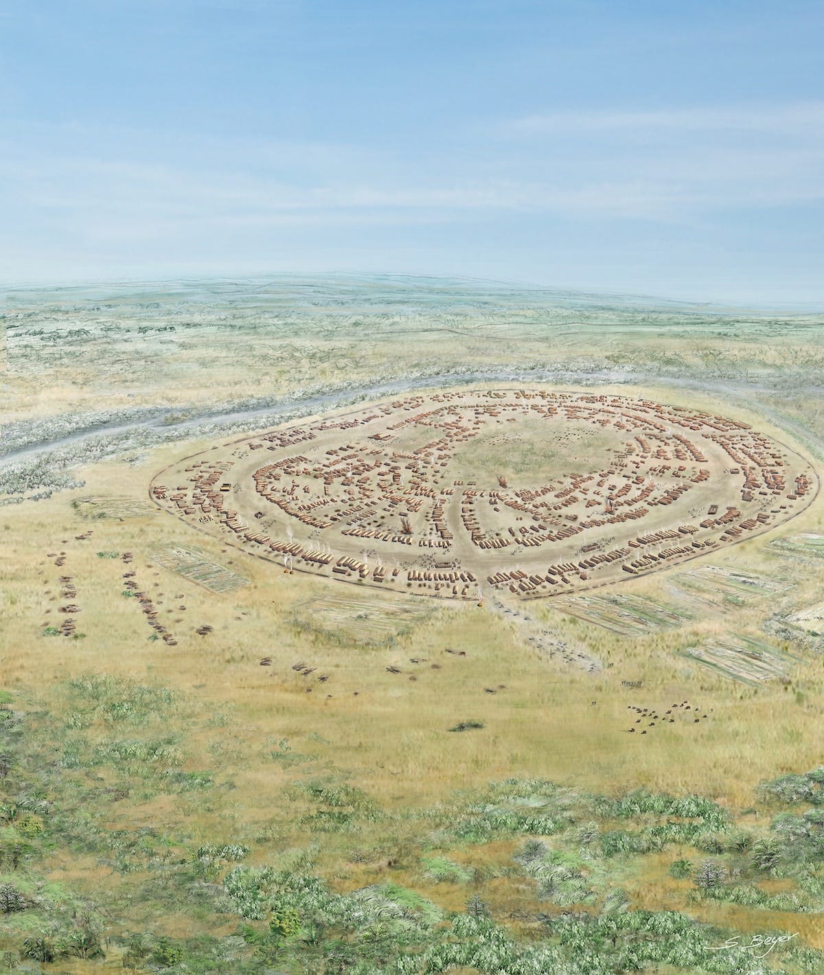 An imaginary aerial view of a large sprawling city of detached homes arranged in a huge circle near a rive. Wide dirt avenues lead in from the perimeter to the large central area, like a big open green. An imaginary aerial view of a large sprawling city of detached homes arranged in a huge circle near a rive. Wide dirt avenues lead in from the perimeter to the large central area, like a big open green.