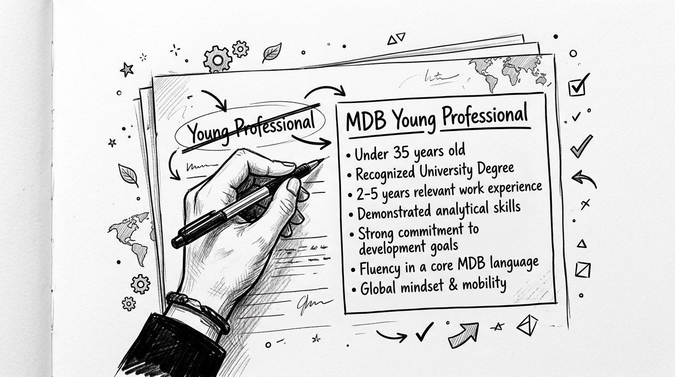 A hand-drawn sketch of a person writing a list of requirements for an MDB young professional role.