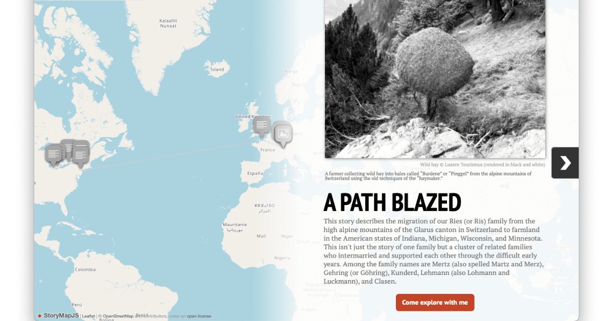 Screenshot from From a StoryMap describing the journey my Ries took from Switzerland to Indiana in 1853. Explore the “under-construction” story as it evolves at Projectkin.org/hay-journey