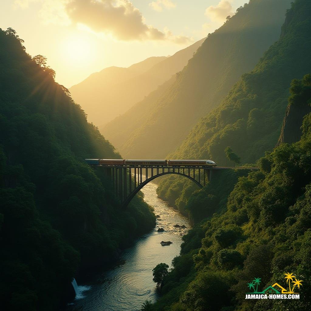  Cinematic film still, shot on v-raptor XL with 35mm film grain, of Jamaica's lush mountain range at golden hour. Dramatic sunlight illuminates the mountainsides, casting long shadows and reflecting brilliantly off winding rivers below. Small, arched bridges and cascading waterfalls dot the verdant landscape as a vintage train emerges from a dark tunnel, leaving a trail of cinematic haze that enhances the sense of depth and adventure. Color graded, post-processed, cinematic lighting, live-action, best quality, atmospheric, masterpiece, epic, stunning, dramatic.