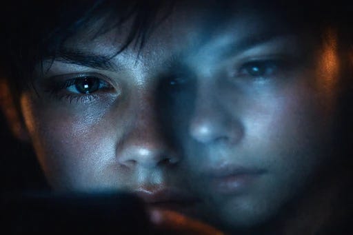 A person’s face lit by screen glow, eyes wide with wonder and uncertainty, their reflection merging ambiguously with the light source