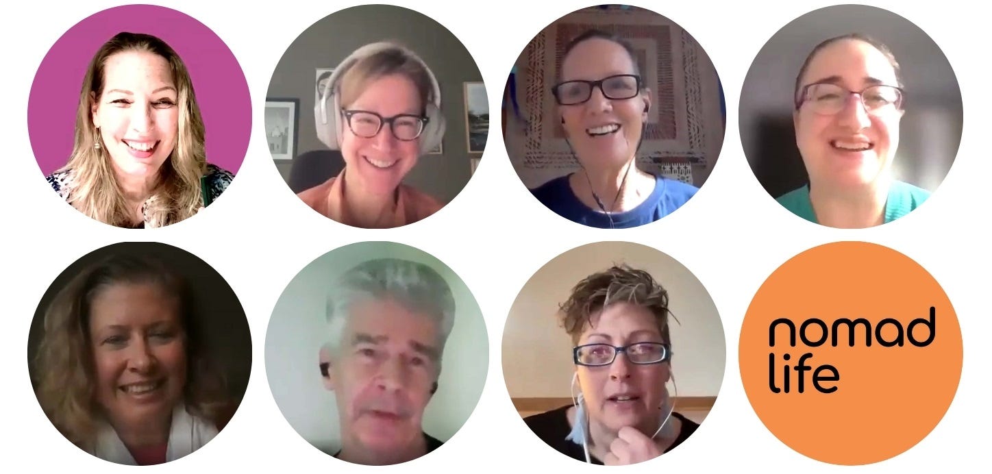 Group of eight circles with the faces of 7 travelers embedded. An orange Nomad Life logo is in the bottom right circle. 