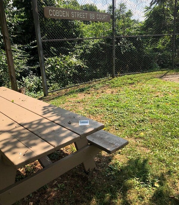 Picnic table and sign indicating Cobden Park.