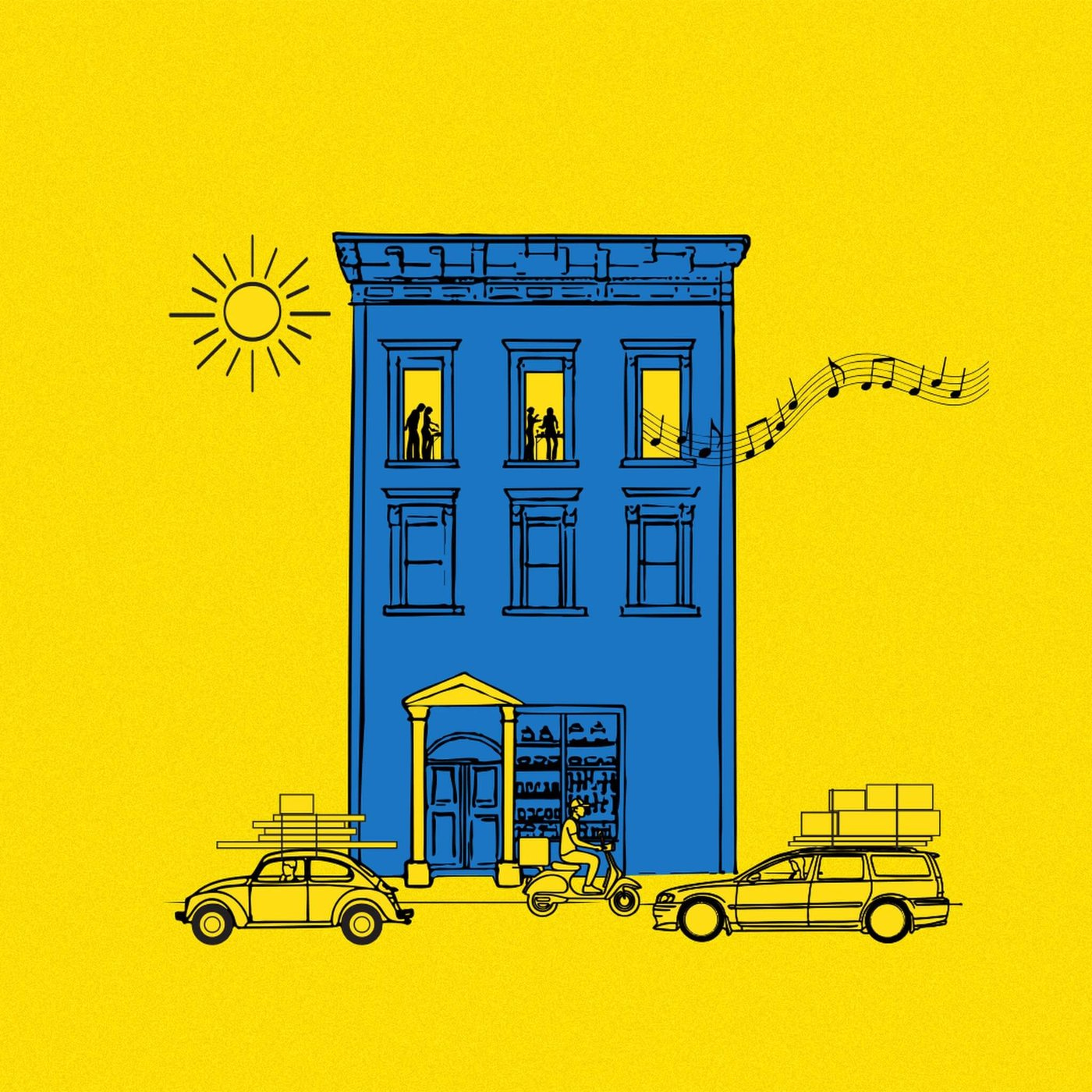 Blue three-story building with storefront, cars carrying luggage, scooter rider, and musical notes from upper windows on yellow background.