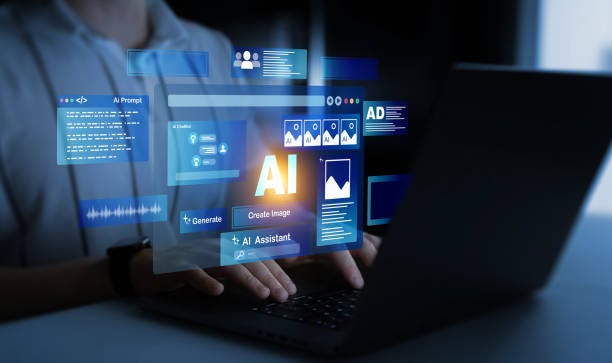 Interaction with the Ai assistant to solve some tasks more easily. Image generator, documents, marketing and advertising, bot writing and coding.Person using laptop with Ai Content Generator. Interaction with the Ai assistant to solve some tasks more easily. Image generator, documents, marketing and advertising, bot writing and coding.Person using laptop with Ai Content Generator AI stock pictures, royalty-free photos & images