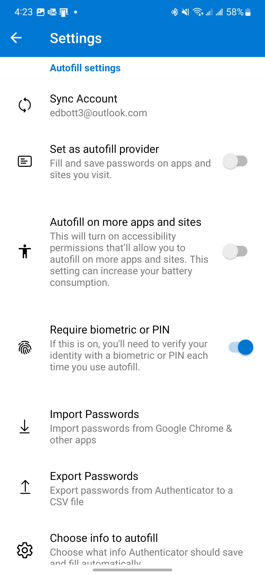 This is a screenshot of the Settings page from Microsoft Authenticator, with options for syning passwords and automatically filling them in and saving them for use with apps and wensites. This is a screenshot of the Settings page from Microsoft Authenticator, with options for syning passwords and automatically filling them in and saving them for use with apps and wensites.