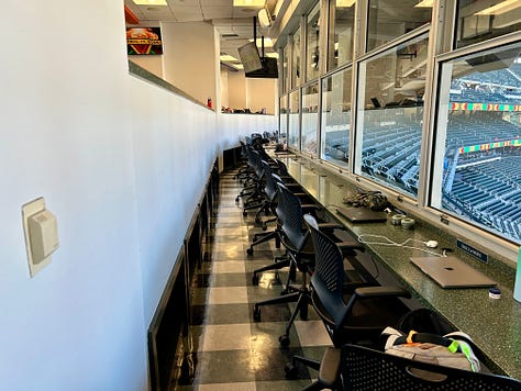 lounge, signs, press box, windows, phones, baseball stadium