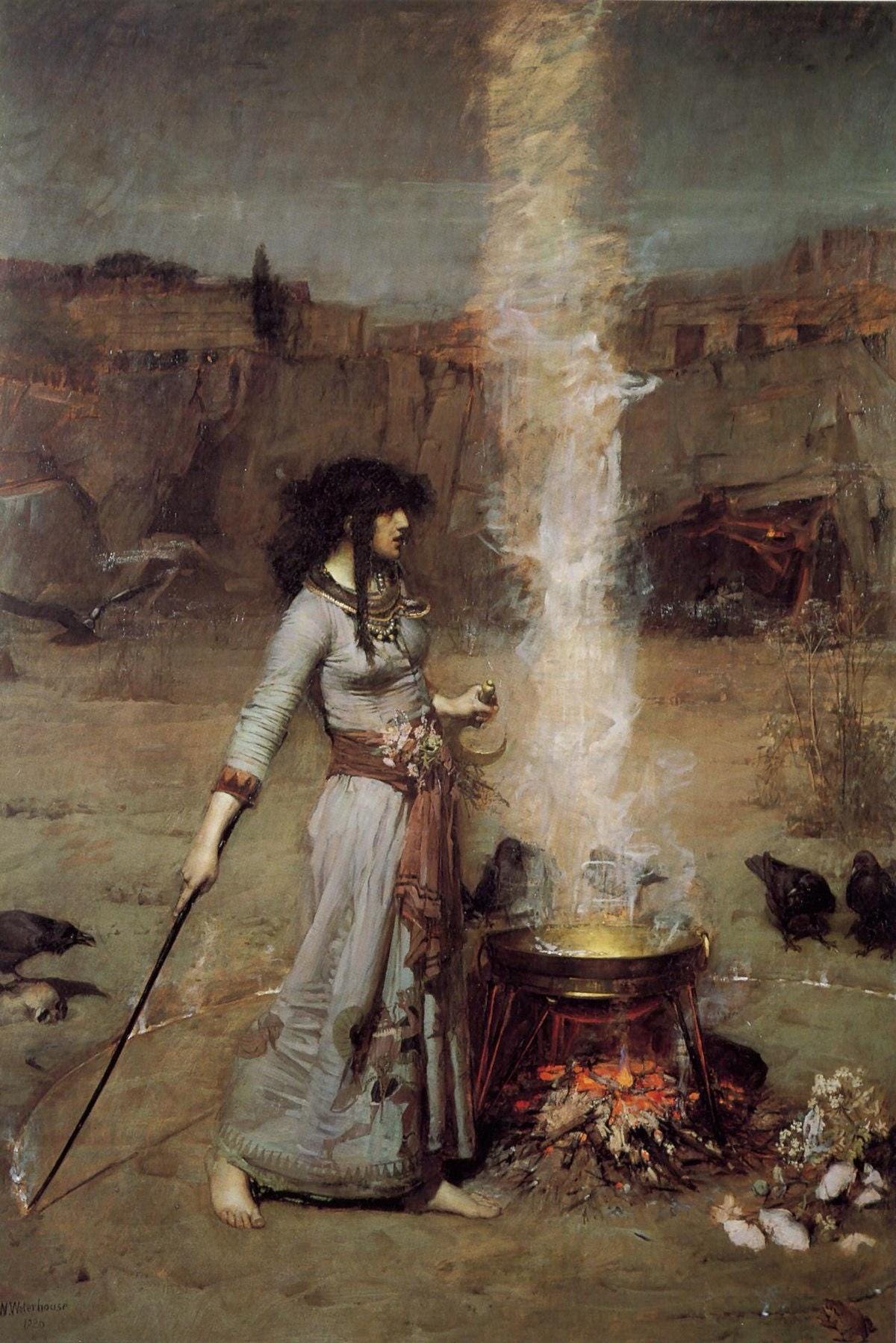 A sexy witch in a skimpy gown is performing a magic ritual with a cauldron and wand in a spooky landscape. A sexy witch in a skimpy gown is performing a magic ritual with a cauldron and wand in a spooky landscape.