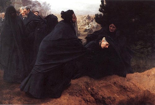 A painting of black clad women beside a grave.