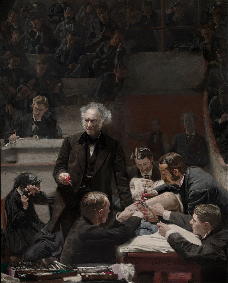 1875 painting entitled "The Gross Clinic" by Thomas Eakins. In a dark surgical theatre filled with suit-wearing medical students, a gray-haired and slender surgeon stands delivering a lecture to the class as four students eagerly hack away at the body of a deceased woman. One woman in very proper black-and-white dress of the era sits in the audience cowering and fearfully looking away from the macabre spectacle.