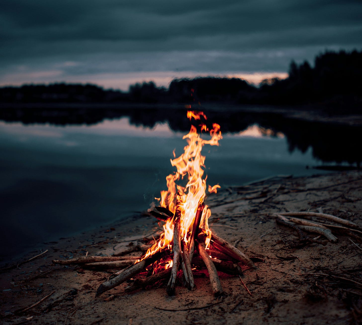bonfire near body of water during night time