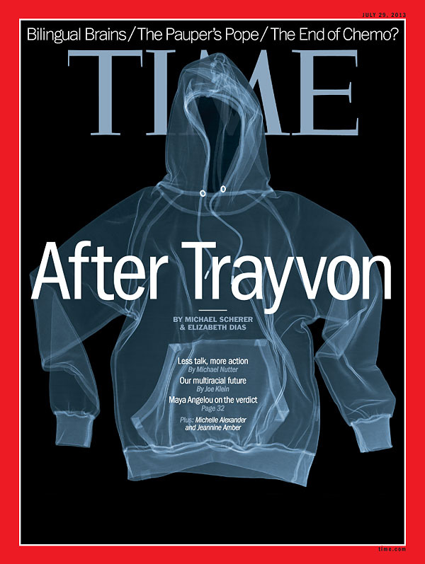 Cover of TIME magazine from July 2013, showing an X-Ray image of a hoodie on a black background, which is in reference to the garment worn by the Black American teenager Trayvon Martin, when he was murdered