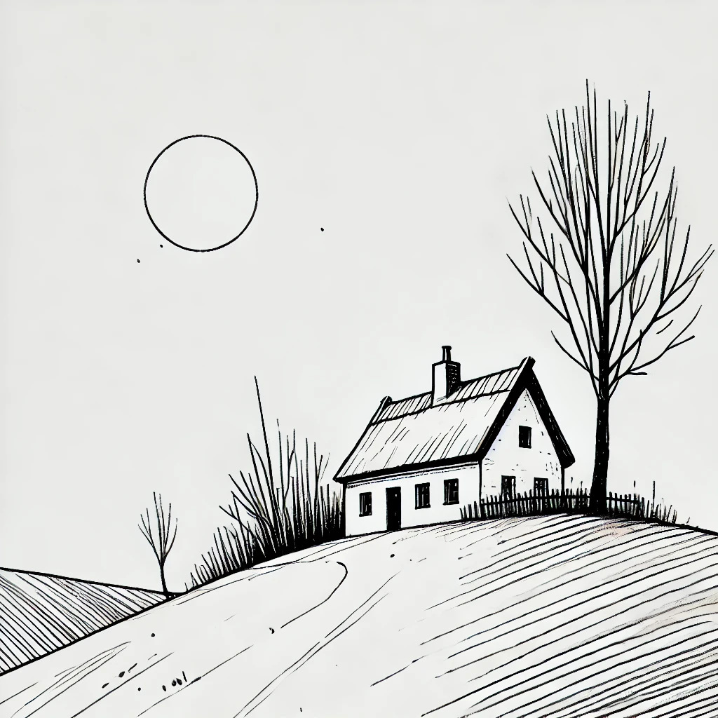 A minimal, stark, line-drawn illustration of a solitary cottage on a hill during a hot summer. The cottage is simple and quaint, with a thatched roof and small windows. The hill is gently sloping, with a few sparse, leafless trees. The sky is clear, with a bright sun overhead, and the overall atmosphere feels arid and hot. The style is reminiscent of Breughel, with a focus on simplicity and stark contrasts in black and white.