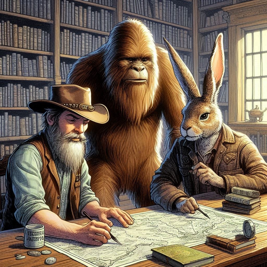 A cowboy, a sasquatch, and a jackalope review a map on a table in a library, drawn in the style of Thomas Kincaid.