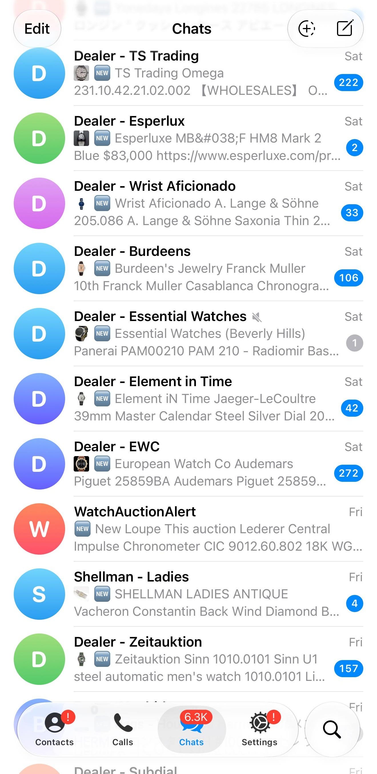 A Telegram app showing a list of individual dealer alert channels, each with dozens or hundreds of unread messages, and 6,300 unread in total. A Telegram app showing a list of individual dealer alert channels, each with dozens or hundreds of unread messages, and 6,300 unread in total.