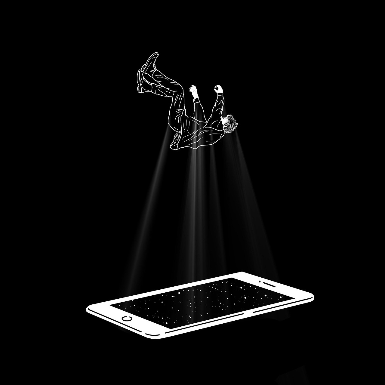 A black-and-white illustration of a person falling down into a smartphone. The individual is drawn in simple outlines, wearing a jacket and pants, with arms raised slightly above. The body is tilted downward, with the feet higher than the head, as if being sucked into the phone. The smartphone is shown at the bottom of the image, flat on the ground, with its screen facing up. The phone’s screen resembles a window into a starry sky with white dots all over it.