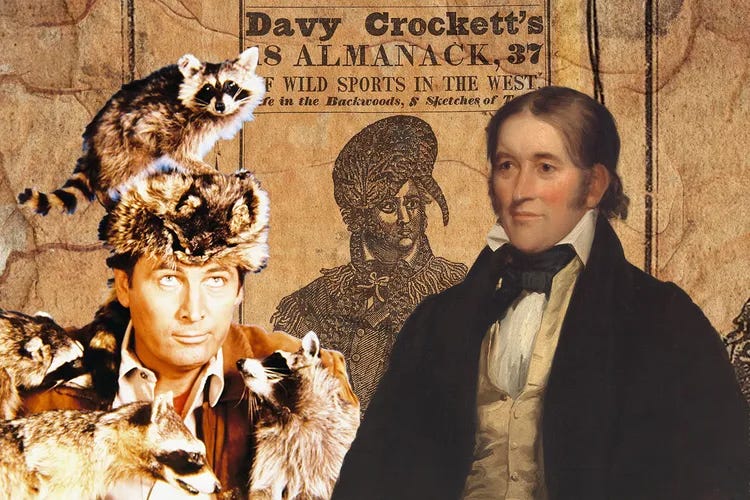 Illustration of Davy Crockett next to Fess Parker as Crockett