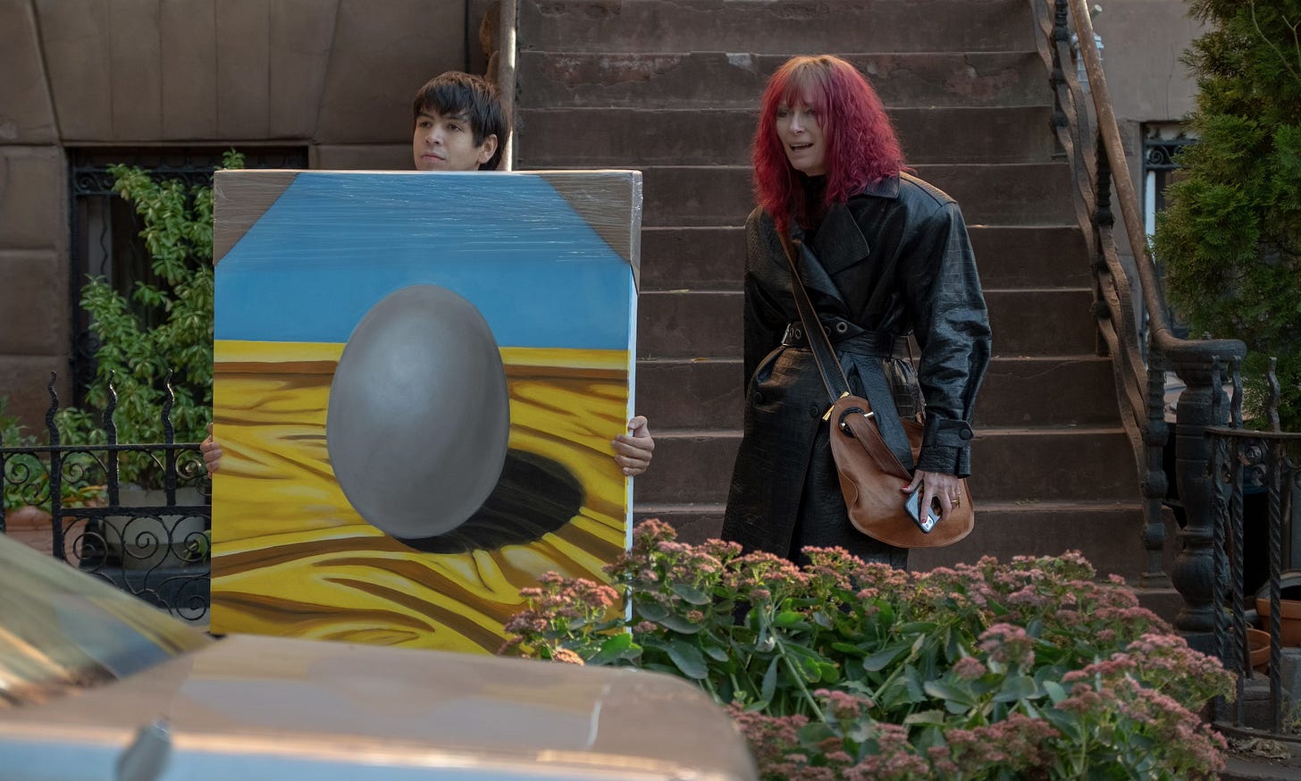 Julio Torres and Tilda Swinton in Problemista