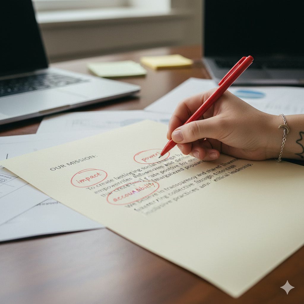 A close-up overhead shot of a mission statement on an office desk. A young person's hand, adorned with a bracelet and a small tattoo, holds a red pen over the document, where the words "impact," "power," and "accountability" are already circled in red.