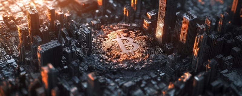 Ruined Bitcoin City with Fallen Skyscrapers in a Post-apocalyptic Landscape  at Sunset Stock Image - Image of dystopian, metal: 363885027