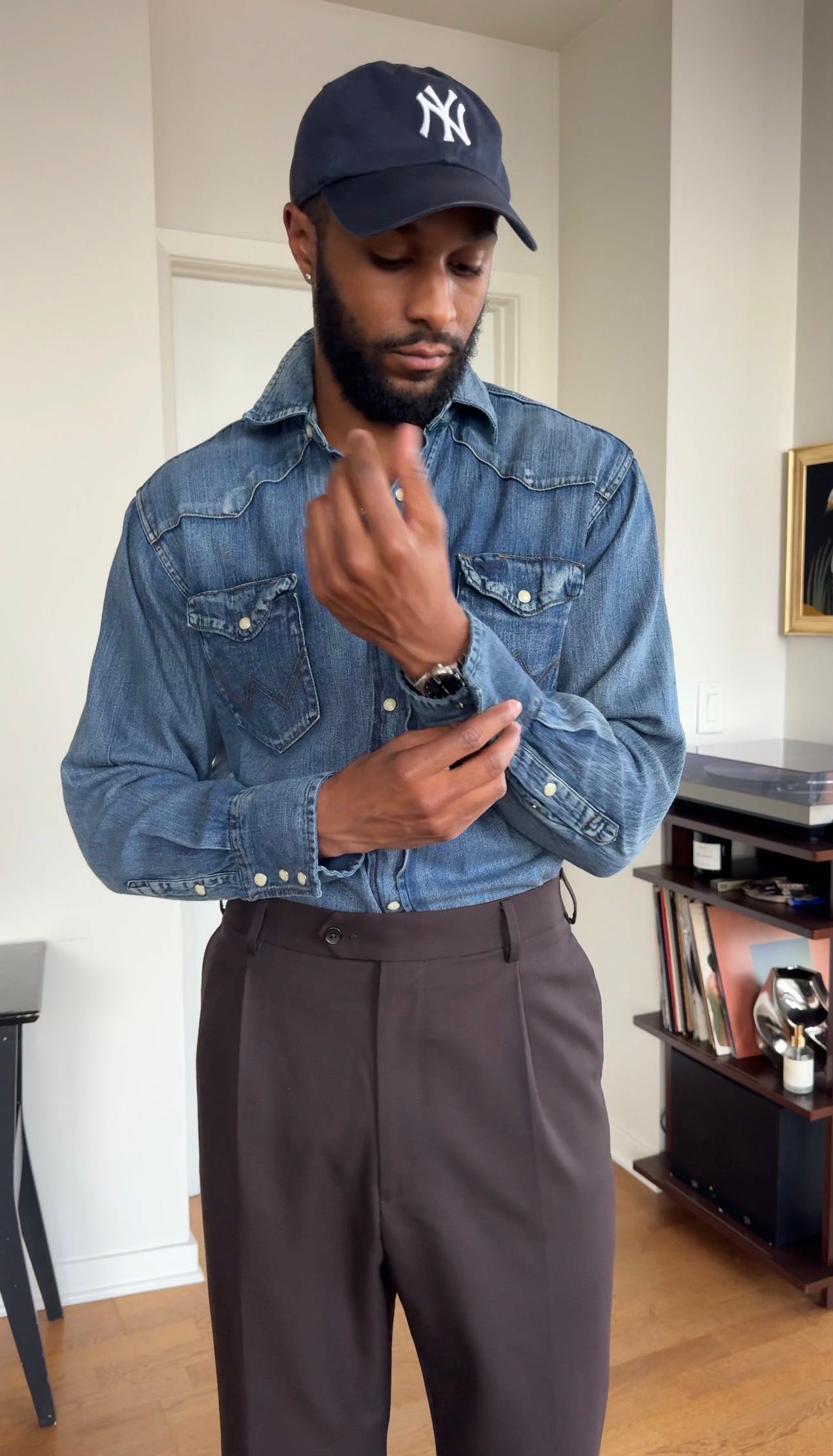 denim shirt with dress pants How to Wear Shirts: Outfit Inspiration stud fastening Classic collar Dual press Trying to style a denim