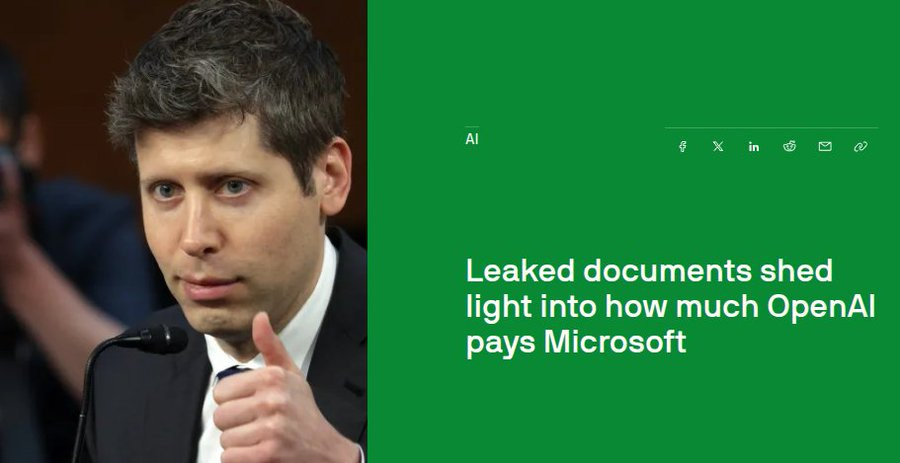 Infographic with green background and text Leaked documents shed light into how much OpenAI pays Microsoft. Left side shows a man in suit at podium gesturing with hand raised speaking into microphone with audience and cameras in background. Right side displays AI label with additional text overlays. Infographic with green background and text Leaked documents shed light into how much OpenAI pays Microsoft. Left side shows a man in suit at podium gesturing with hand raised speaking into microphone with audience and cameras in background. Right side displays AI label with additional text overlays.