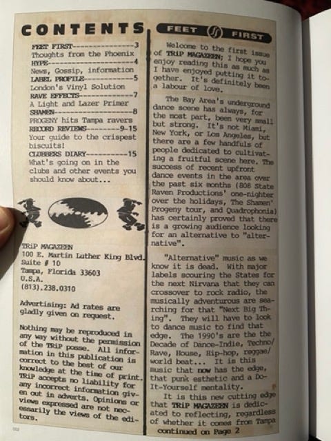 a photo of the masthead and welcome letter from the first issue of trip magazeen. it's a yellowed page covered in typewritter font text.