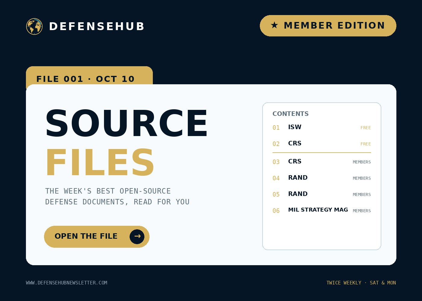 Source Files 001 cover: a file folder tab reading File 001, October 10, with a contents list of 6 documents, two marked free and 4 for members.