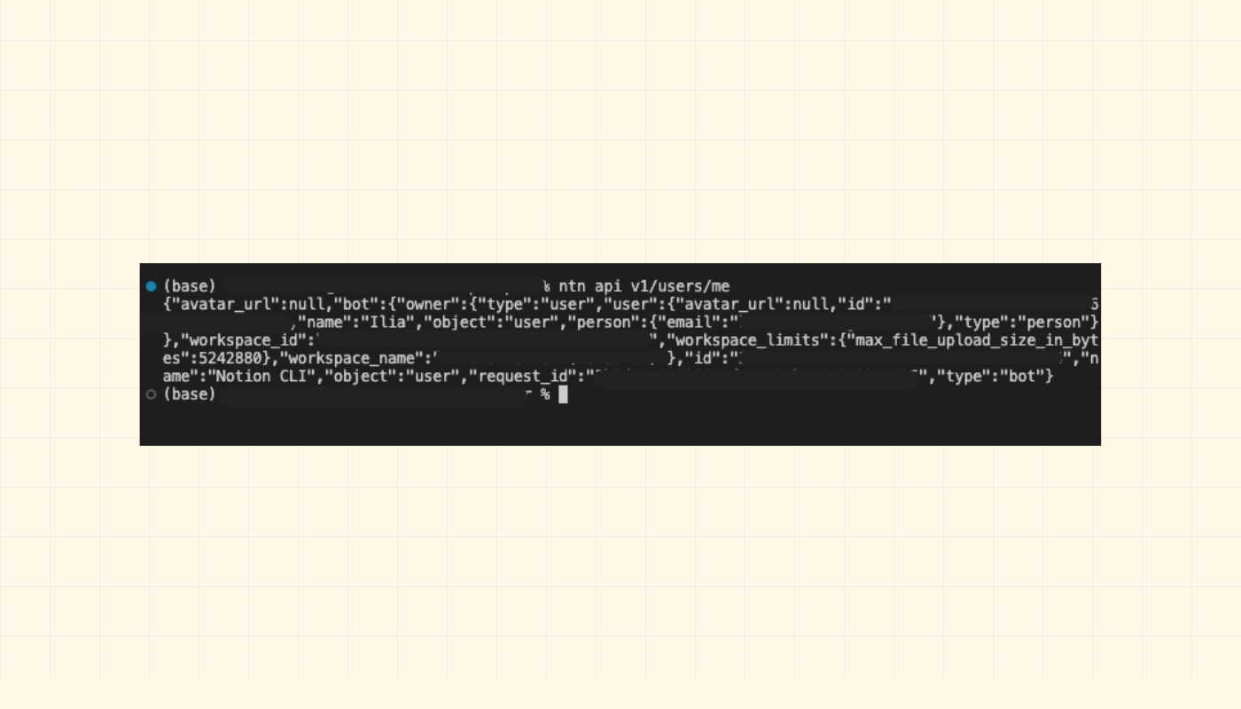 Terminal showing JSON response from ntn api v1/users/me: workspace name and bot ID confirming successful authentication.
