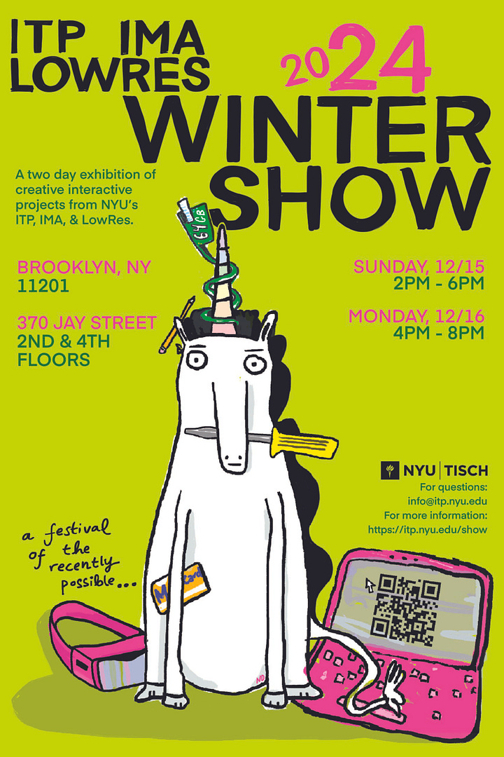 4 images, a brightly colored poster for the ITP/IMA Winter Show, a nest of wires attached to my computer, and a book cover with a Tolkein-style map and colorful dice in the cover image; a bright grid of cartoon figures on the cover of the Jukebox TTRPG