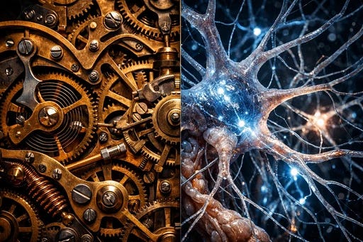 Mechanical gears and living neural tissue displayed side-by-side with equal complexity and detail, symbolizing the parallel between mechanical and biological processing Mechanical gears and living neural tissue displayed side-by-side with equal complexity and detail, symbolizing the parallel between mechanical and biological processing