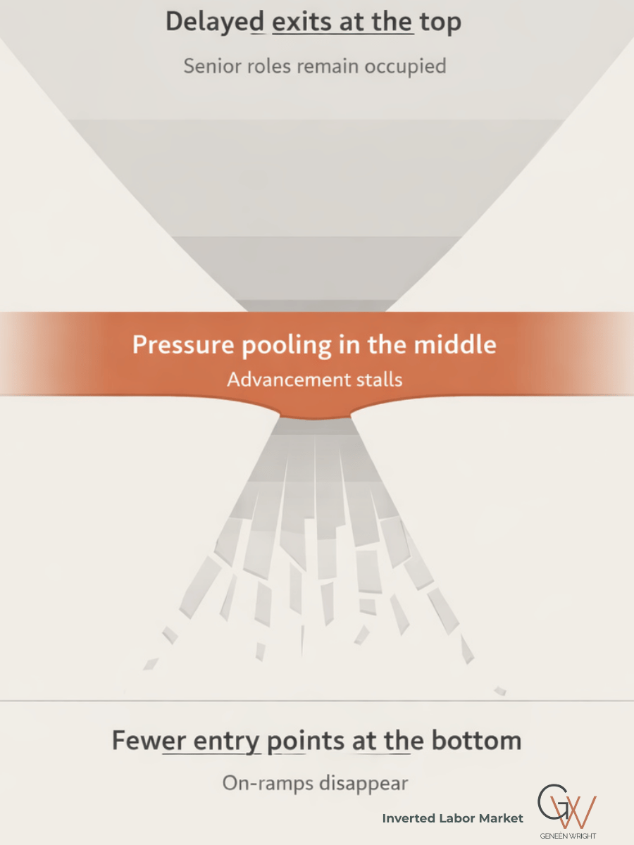 Diagram illustrating an inverted labor market: wide senior roles at the top labeled “Delayed exits,” a narrow middle labeled “Pressure pooling,” and a thin base labeled “Fewer entry points,” showing how stalled exits and shrinking entry roles concentrate pressure in mid-career positions.