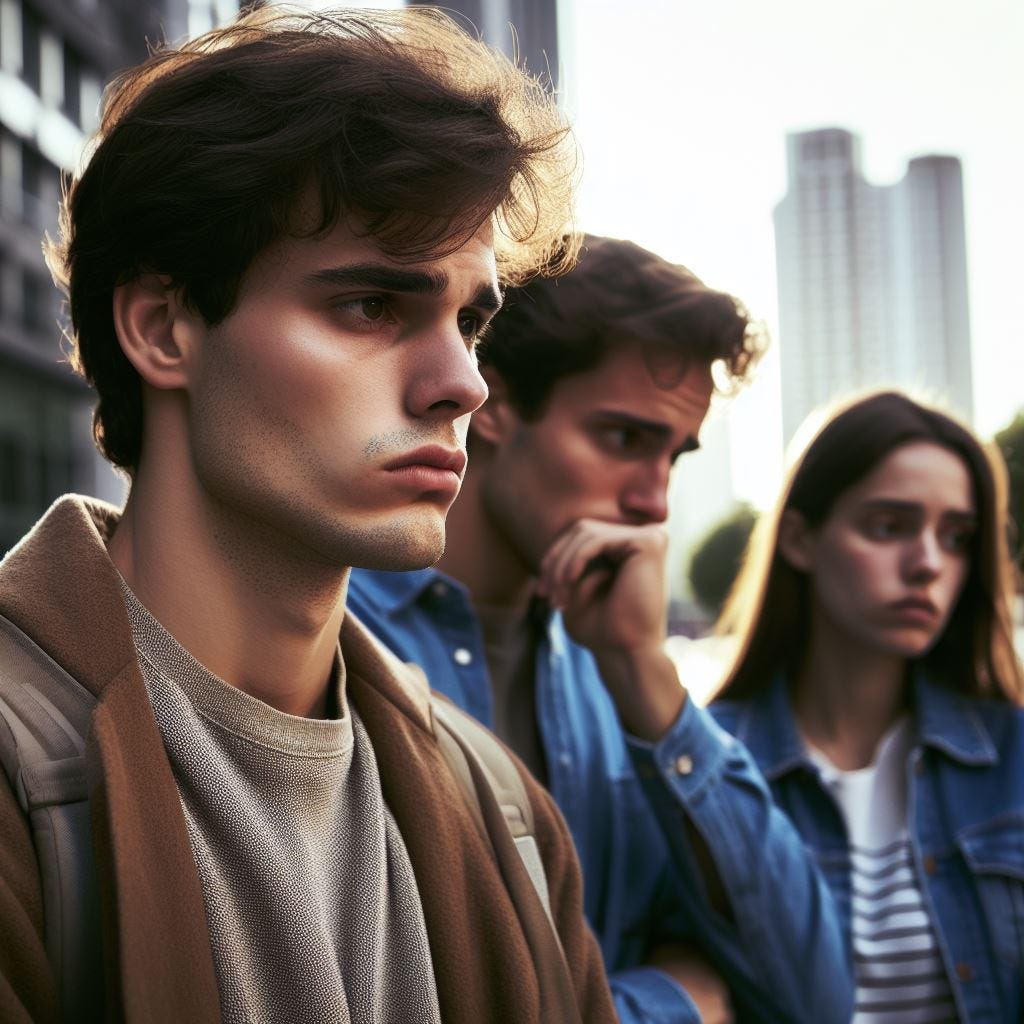 Young adults on a city street with stress and anxiety.