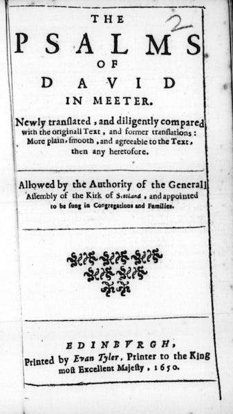 Cover of the 1650 Scottish Psalter - The Psalms of David in Meeter
