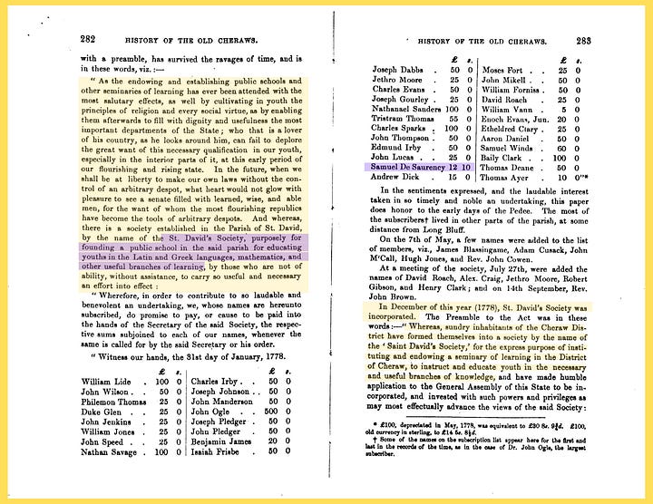 Scanned two-page spreads from an 1867 history book, dense columns of printed text with passages highlighted in yellow and purple marking references to early Welsh settlers on the Pedee River in colonial South Carolina, including the surname Sorrency in several spellings.
