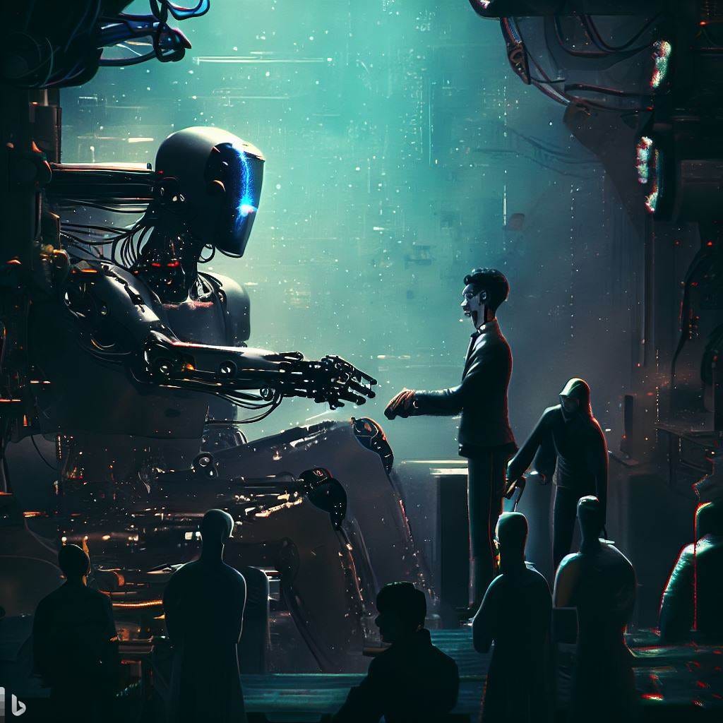 AI working with humans, digital art, hd, flat color, epic, cinematic, concept art, highly detailed