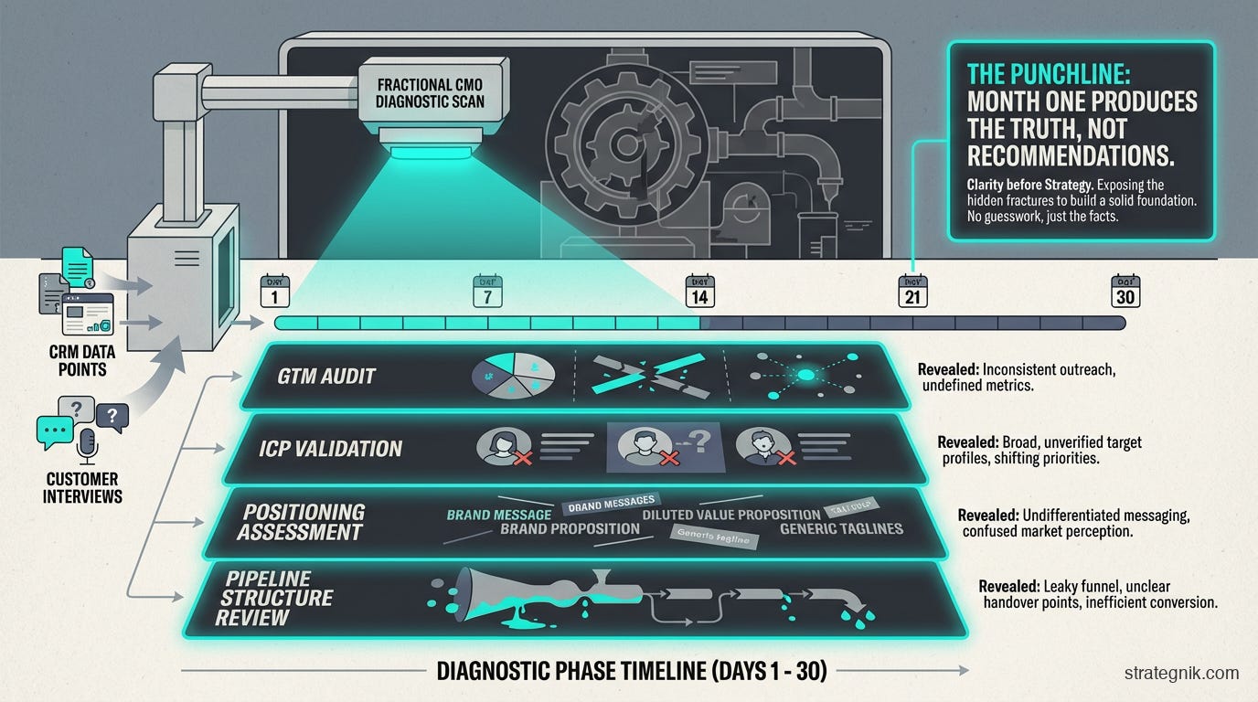 The diagnostic phase — days 1 through 30 focused on listening, auditing, and mapping the GTM system The diagnostic phase — days 1 through 30 focused on listening, auditing, and mapping the GTM system