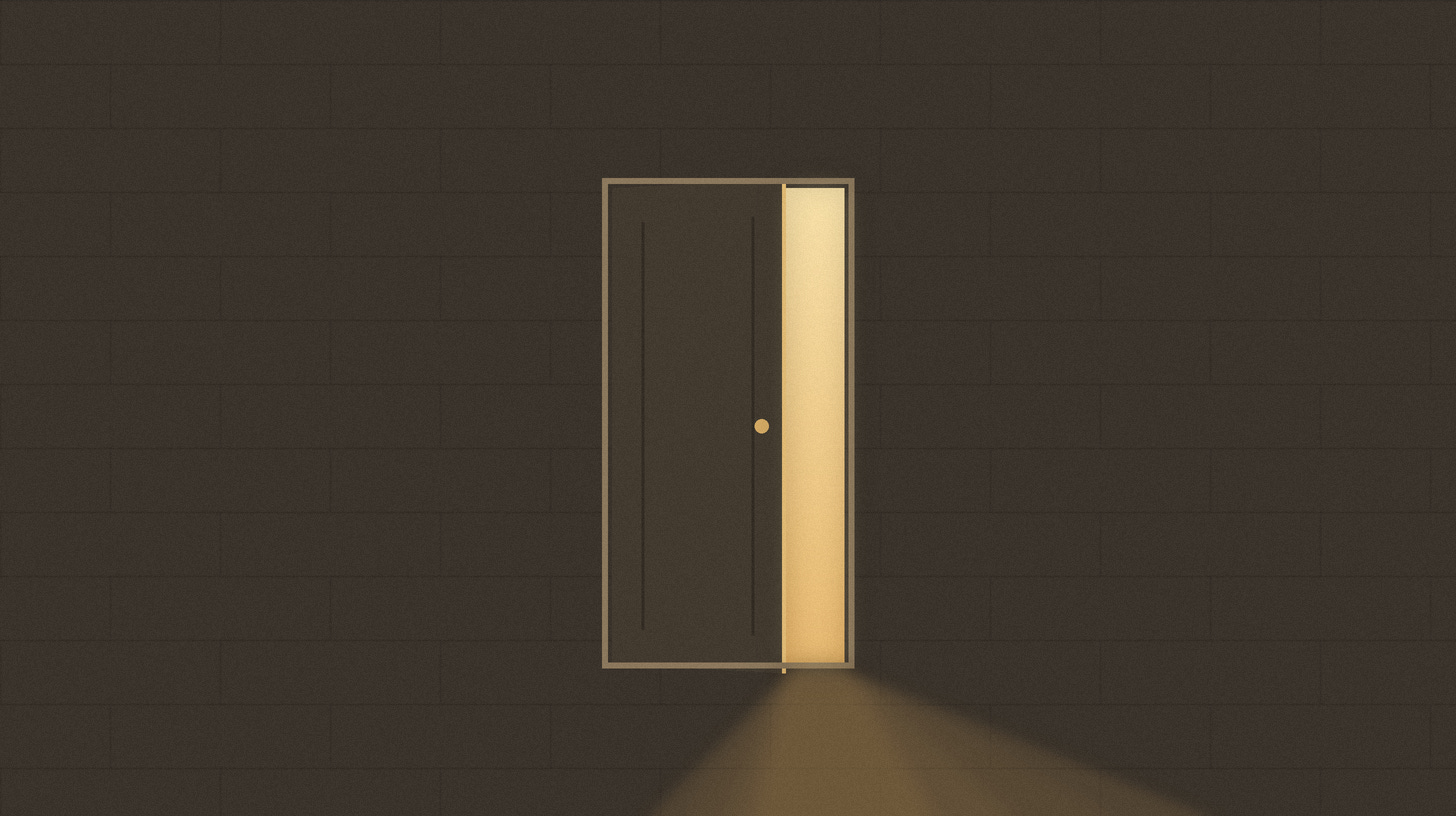 A dark brick wall fills the frame. At its center, a door stands slightly ajar, and warm golden light pours through the narrow gap, spilling across the floor toward the viewer A dark brick wall fills the frame. At its center, a door stands slightly ajar, and warm golden light pours through the narrow gap, spilling across the floor toward the viewer