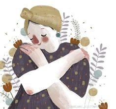 This may contain: an illustration of a woman hugging her arm