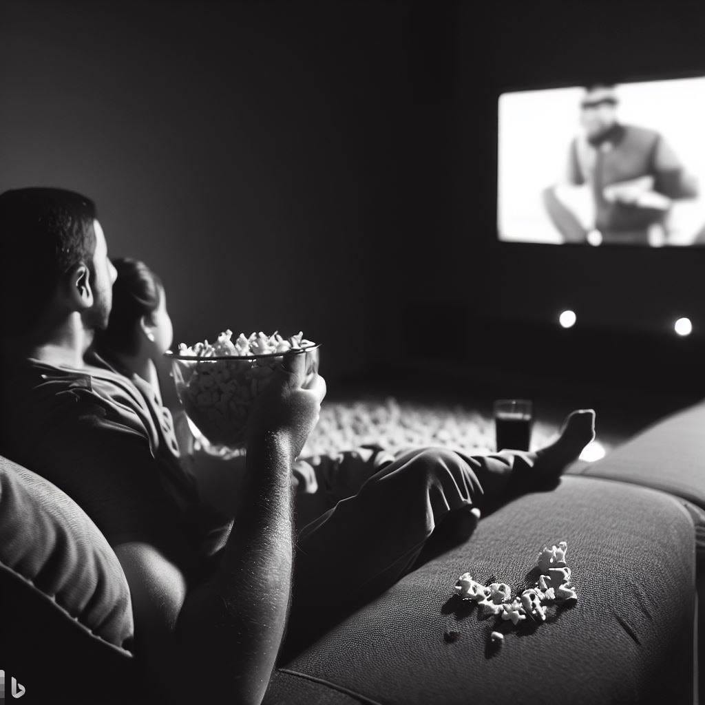 Dear Daughter, Crave Some Company, But Don't Want to Talk? father and daughter watching a movie together eating popcorn Dear Daughter, Crave Some Company, But Don't Want to Talk? father and daughter watching a movie together eating popcorn