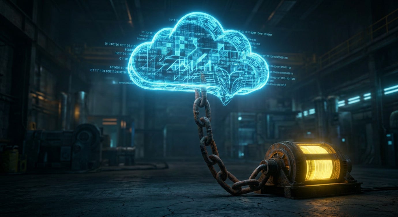 AI cloud chained to a power source, symbolizing infrastructure limits. AI cloud chained to a power source, symbolizing infrastructure limits.