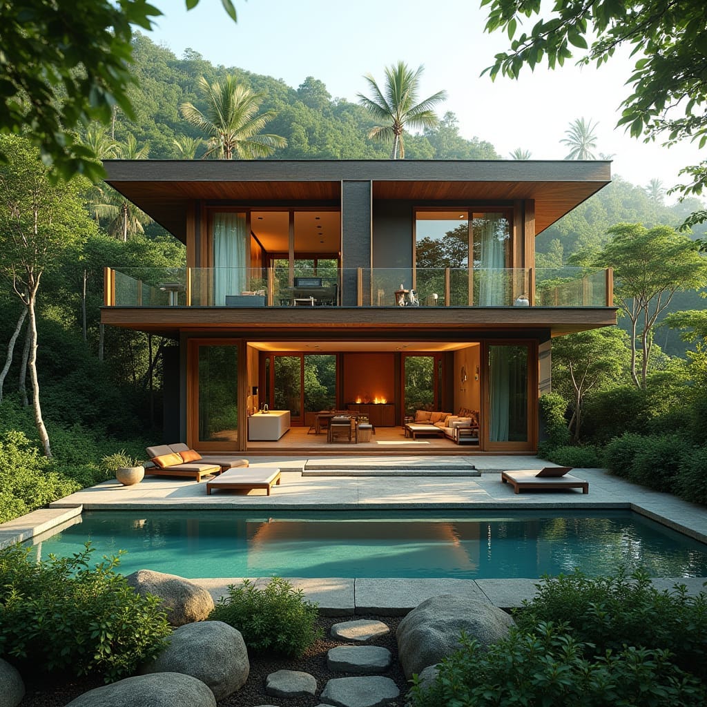 An eco-friendly home nestled in the vibrant city of Kingston, Jamaica, designed with sustainability and modern living in mind. The home features solar panels on the roof, energy-efficient windows, and natural ventilation systems. The exterior blends natural materials like reclaimed wood and stone with sleek contemporary elements. Surrounding the home is a lush garden with native plants and a rainwater harvesting system, creating a serene green space in the middle of the urban landscape. Inside, open-plan living spaces are filled with natural light, with minimalist decor that complements the eco-conscious design. Sustainable architecture, urban oasis, green living.