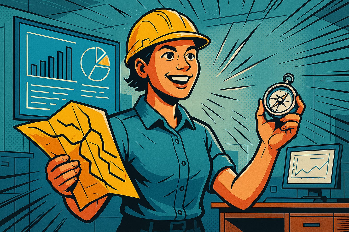 A data engineer holding a map and a compass that help her navigate the business context.