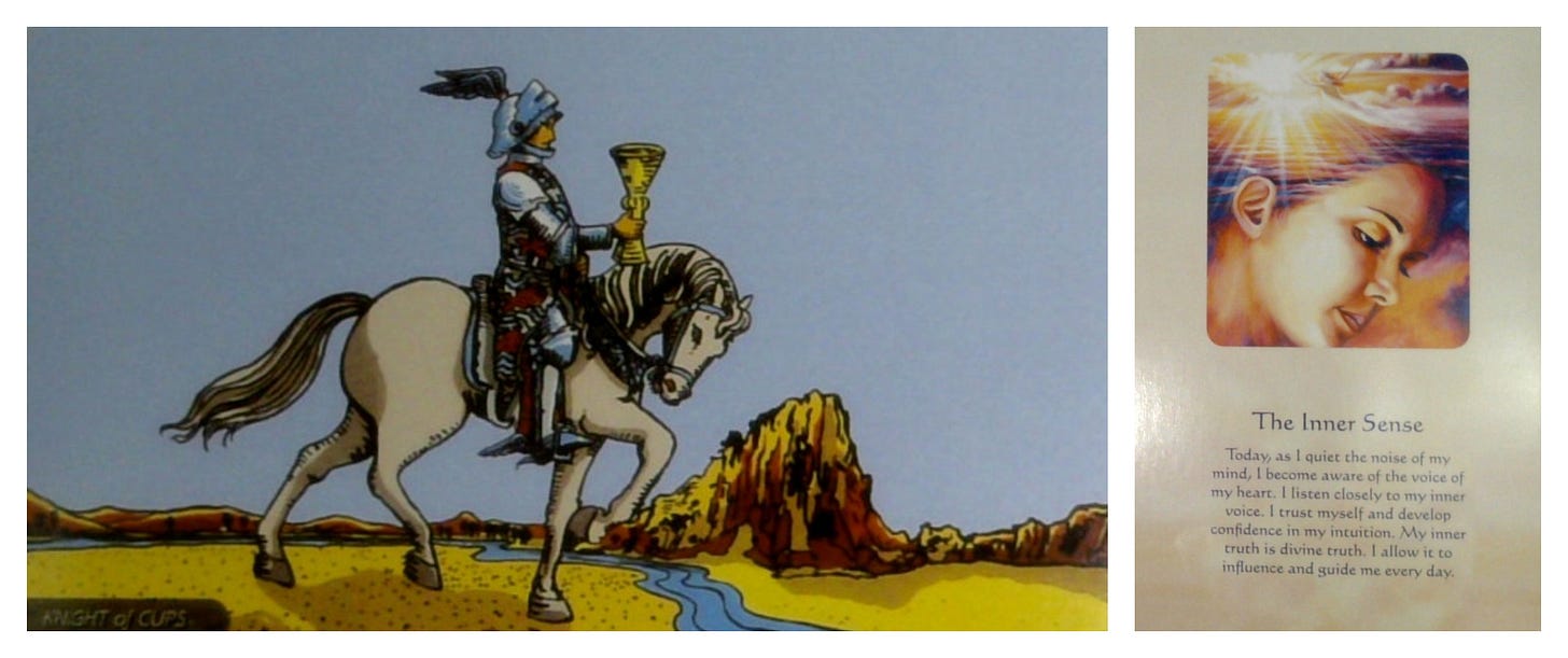 The Knight of Cups tarot card and The Inner Sense oracle card.