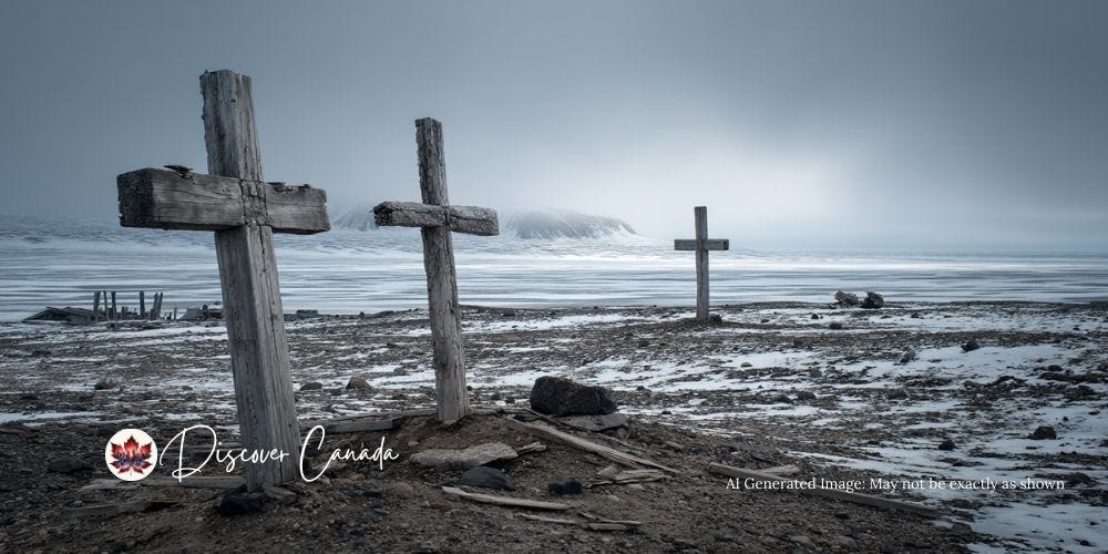 Three wooden grave markers in the frozen tundra on Beechey Island, marking the first deaths of the Franklin Expedition. Three wooden grave markers in the frozen tundra on Beechey Island, marking the first deaths of the Franklin Expedition.